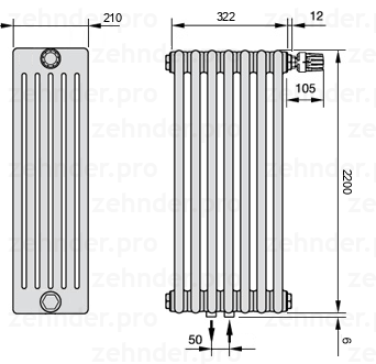 Схема (чертеж) Радиатор Zehnder Charleston 6220/7 №V008 Белый глянцевый RAL 9016